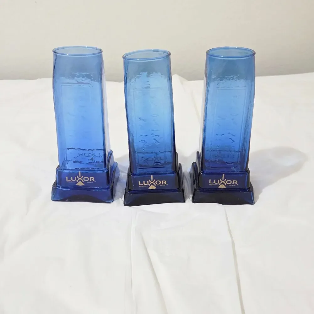 Las Vegas Luxor Cobalt Blue Egyptian Obelisk Glass Vase Set of 3 Vintage